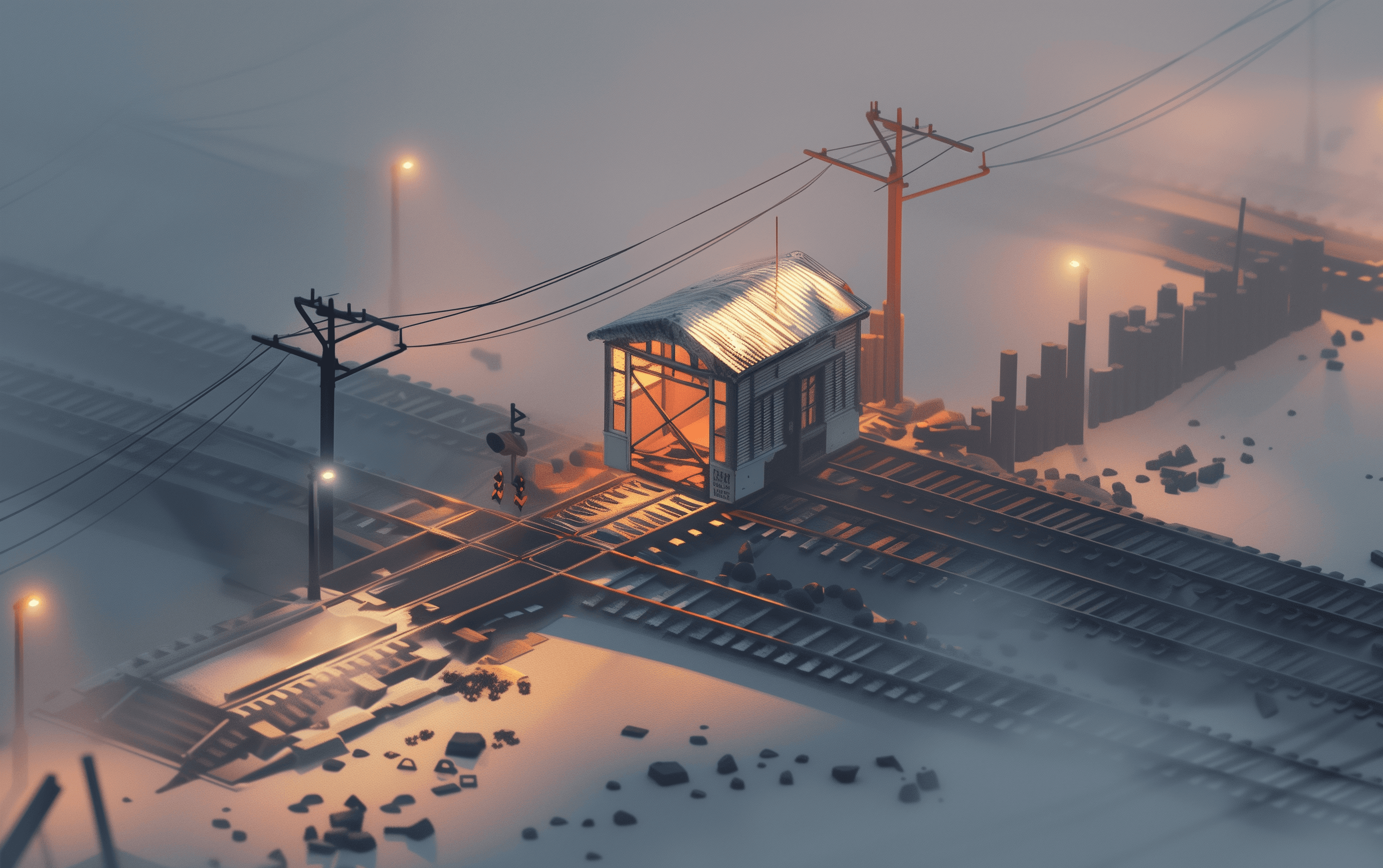 Cinematic railway crossing at dawn